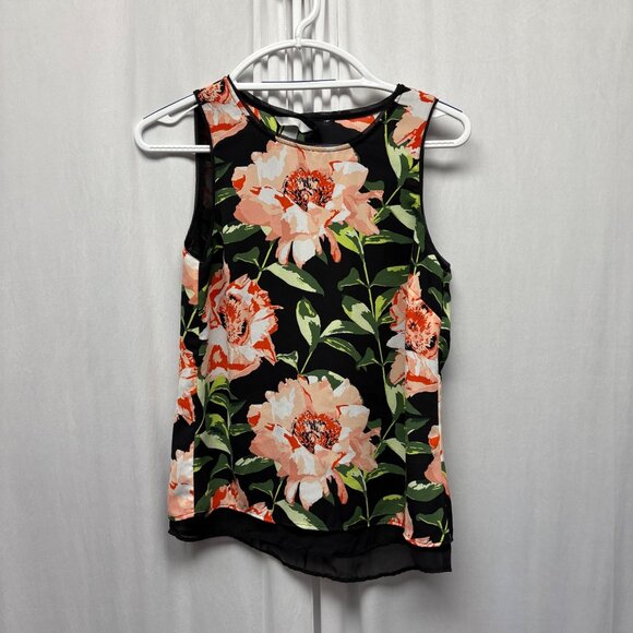 H and M Floral Sleeveless Blouse Womens Size 4 Open Back Detail Black Peach - Picture 1 of 6